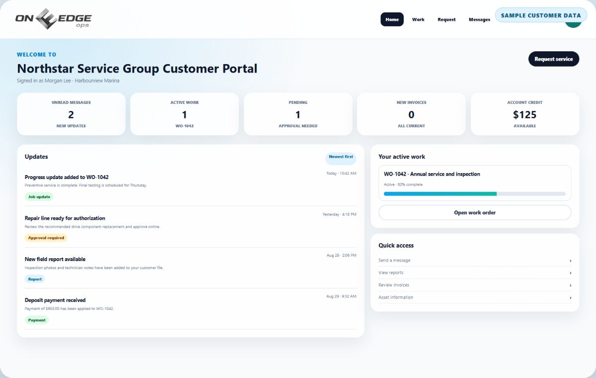 On Edge Ops customer portal showing work updates approvals and account information with fictional sample data