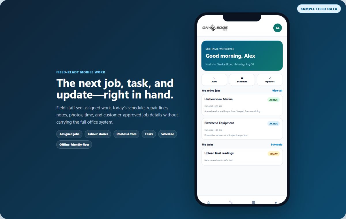 On Edge Ops mobile field workspace showing assigned jobs tasks and schedule with fictional sample data